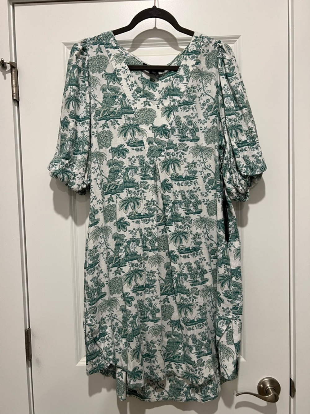 Tahari Green Botanical Toile Midi Dress on White Linen Blend size L NWT